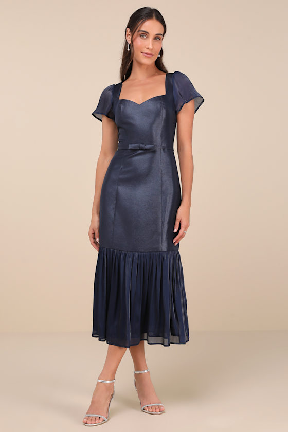Luxe Feelings Navy Taffeta Flutter Sleeve Tiered Midi Dress 1