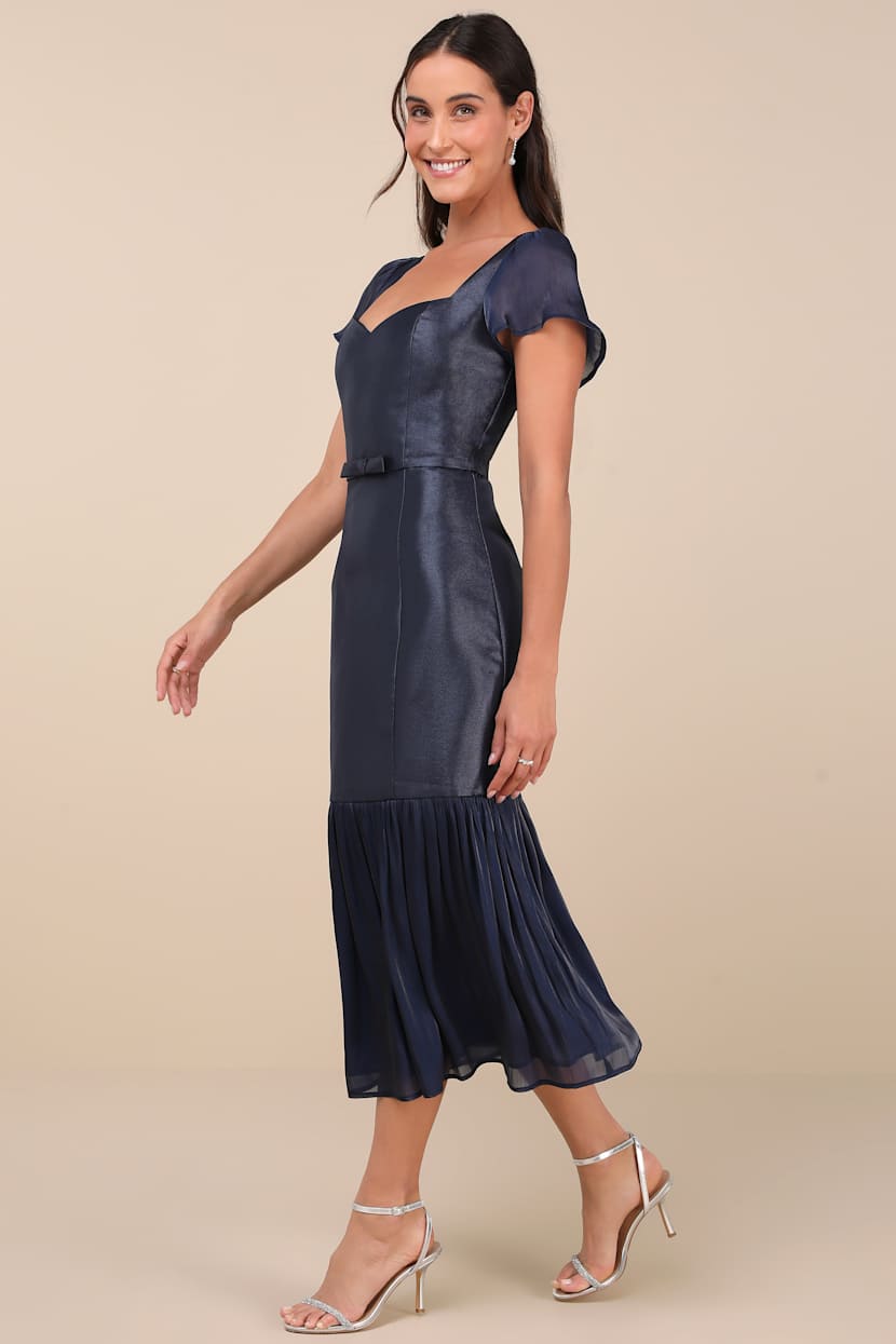 Navy Taffeta Midi Dress - Flutter Sleeve Dress - Trumpet Dress - Lulus