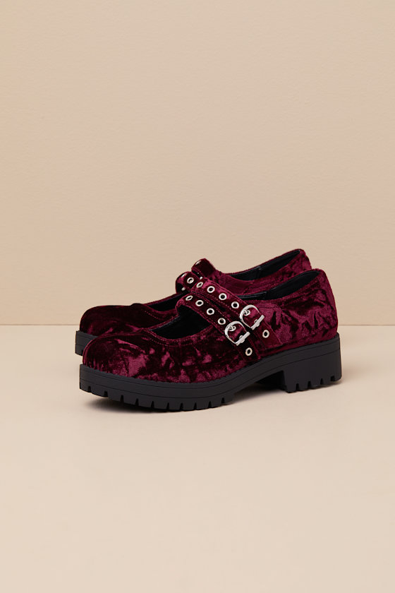 Dirty Laundry Vagabond Wine Crushed Velvet Lug Sole Mary Janes In Red