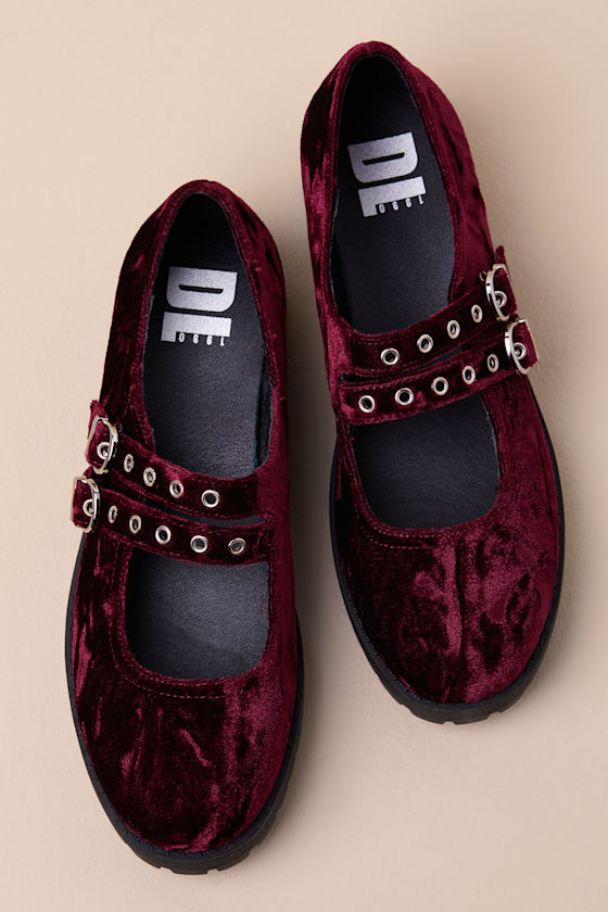 Dirty Laundry Vagabond Wine Crushed Velvet Lug Sole Mary Janes In Red