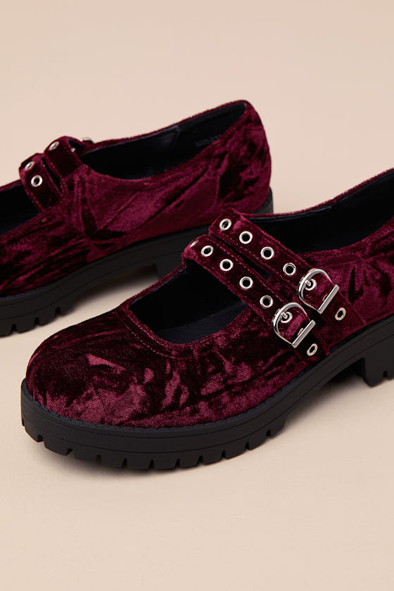 Dirty Laundry Vagabond Wine Crushed Velvet Lug Sole Mary Janes In Red