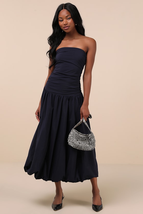 Caggie Navy Strapless Drop Waist Midi Dress 4