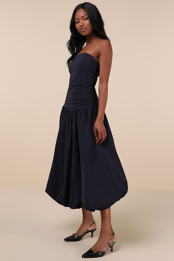 Caggie Navy Strapless Drop Waist Midi Dress 1