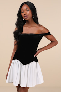Savannah Black and White Off-the-Shoulder Mini Dress