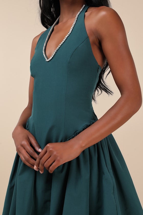 Extro & Vert Cinzia Emerald Rhinestone Mini Dress In Green