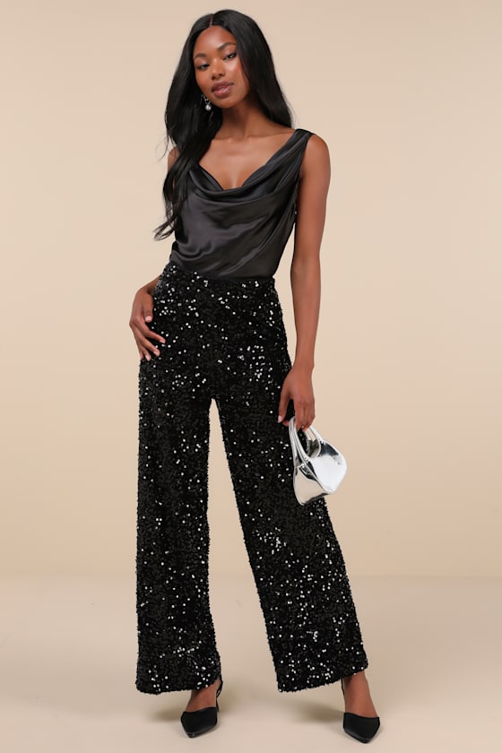 Maiya Black Velvet Sequin Wide-Leg Pants 2