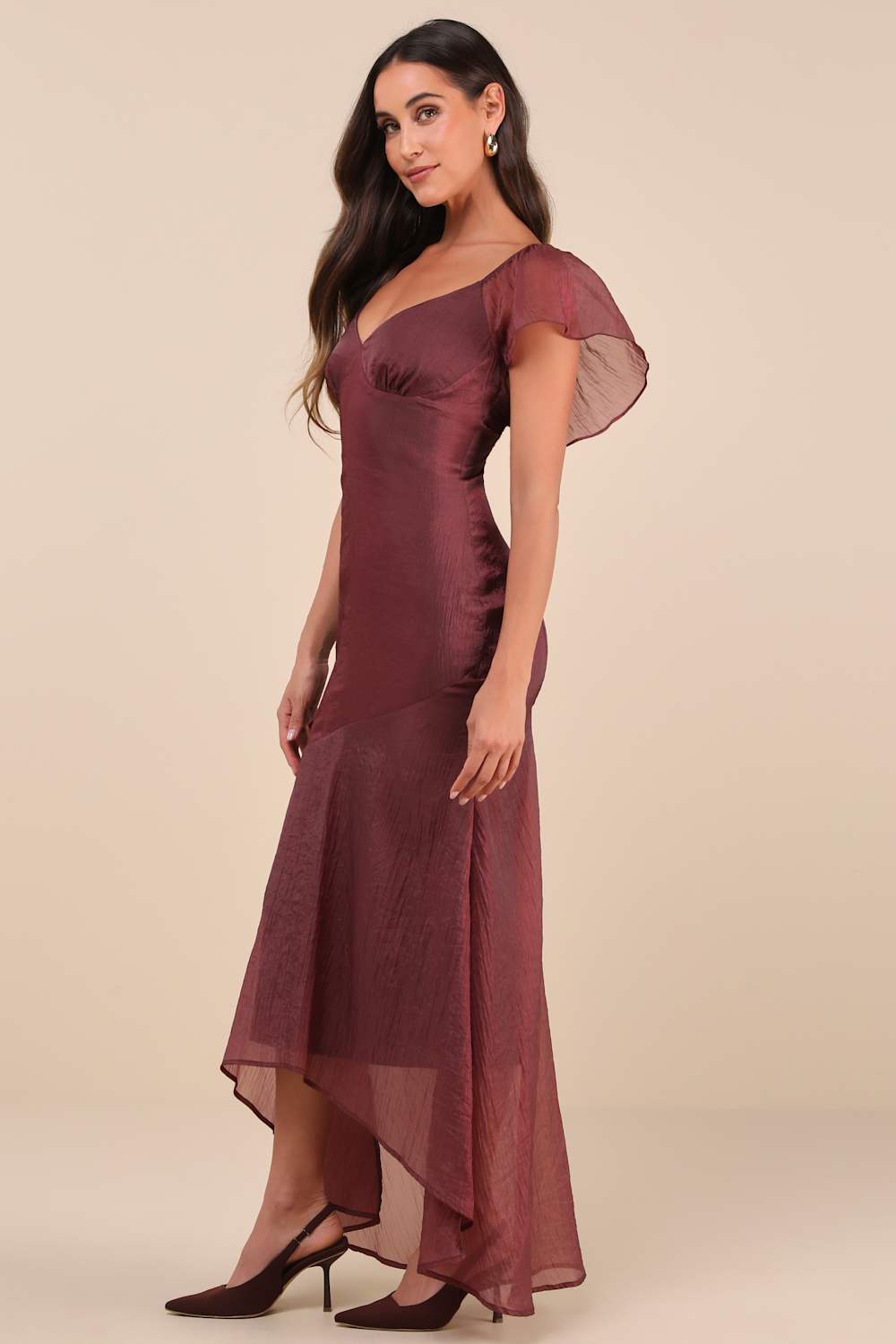 Dreamy Grace Mauve Purple Crinkled Flutter Sleeve Midi Dress