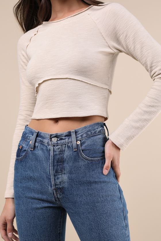 Lulus Easy Energy Cream Knit Raglan Sleeve Crop Top In White