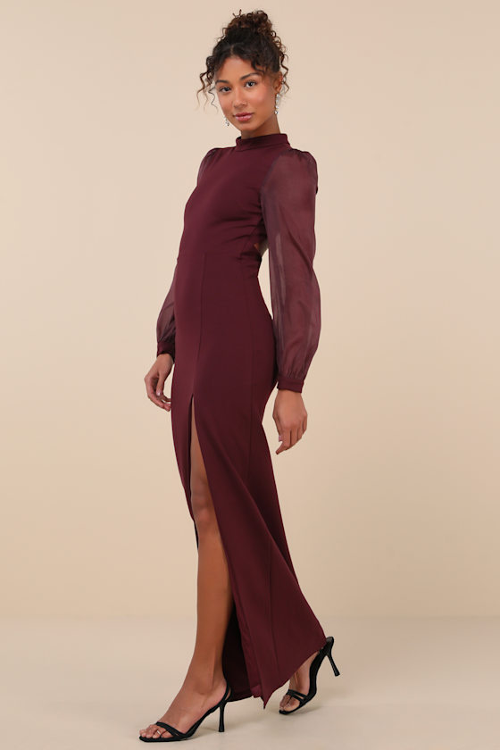 Lulus Seeking Sophistication Plum Backless Balloon Sleeve Maxi Dress In Purple