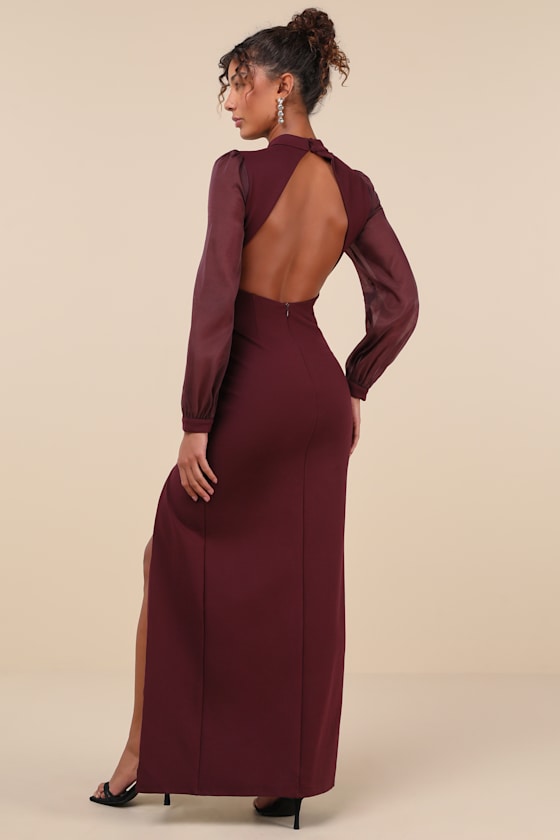 Lulus Seeking Sophistication Plum Backless Balloon Sleeve Maxi Dress In Purple