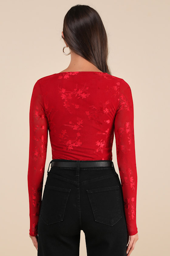 Chicly Mesmerizing Red Mesh Burnout Long Sleeve Bodysuit 2