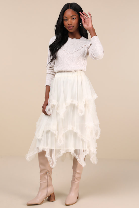 Dreamy Charisma Ivory Mesh Tiered Handkerchief Midi Skirt 3