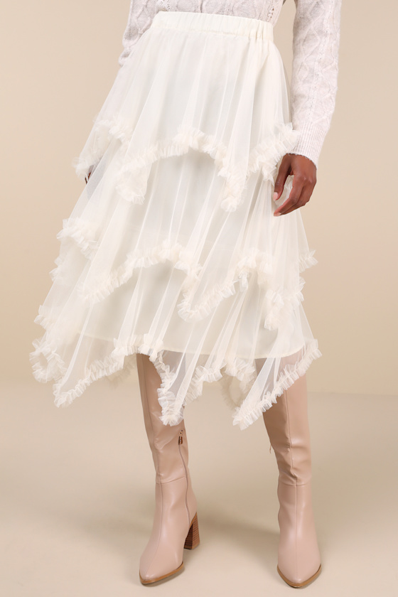 Dreamy Charisma Ivory Mesh Tiered Handkerchief Midi Skirt 2