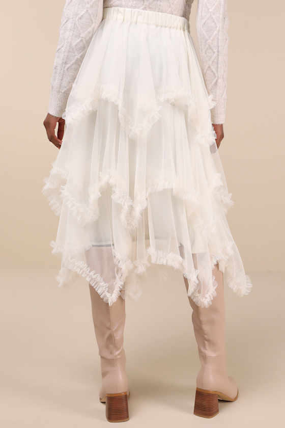Lulus Dreamy Charisma Ivory Mesh Tiered Handkerchief Midi Skirt In Ivory