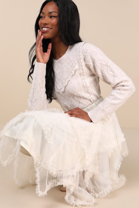 Lulus Dreamy Charisma Ivory Mesh Tiered Handkerchief Midi Skirt In Ivory