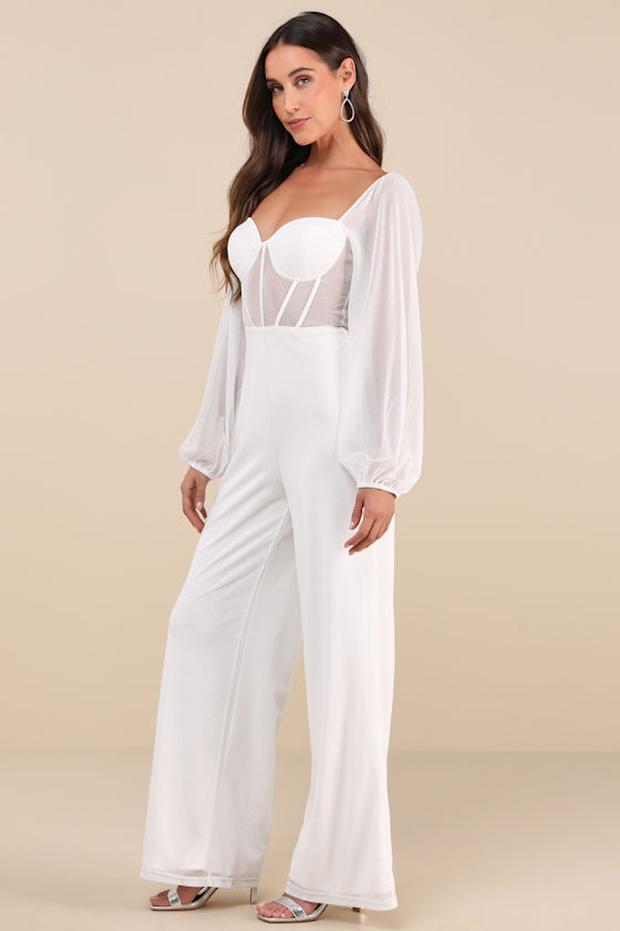 Lulus Magnetic Glamour White Balloon Sleeve Mesh Bustier Jumpsuit In White