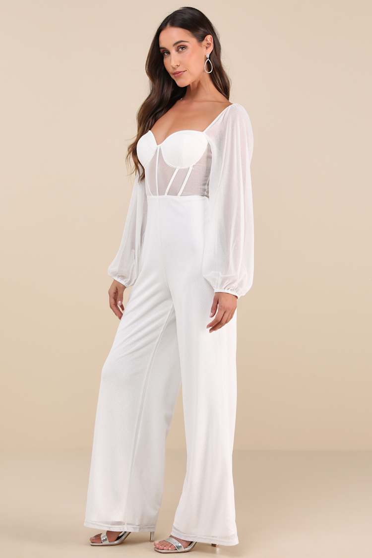 Magnetic Glamour White Balloon Sleeve Mesh Bustier Jumpsuit