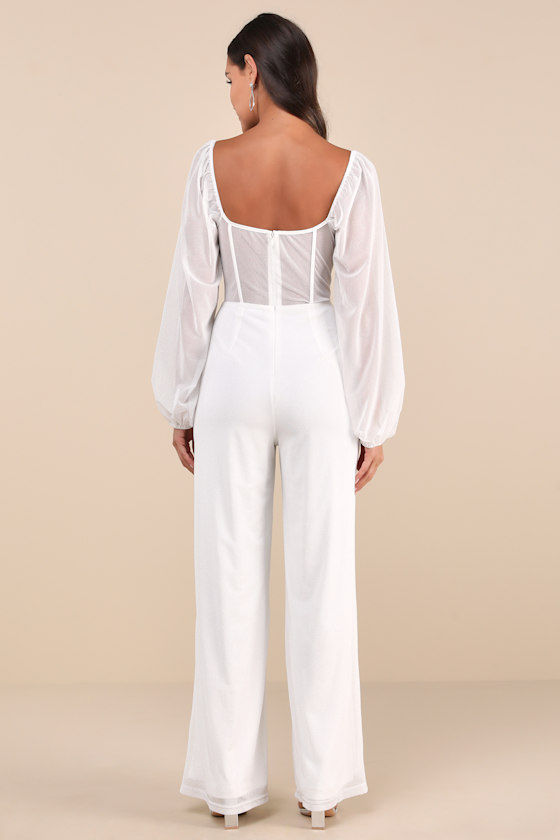 Lulus Magnetic Glamour White Balloon Sleeve Mesh Bustier Jumpsuit In White