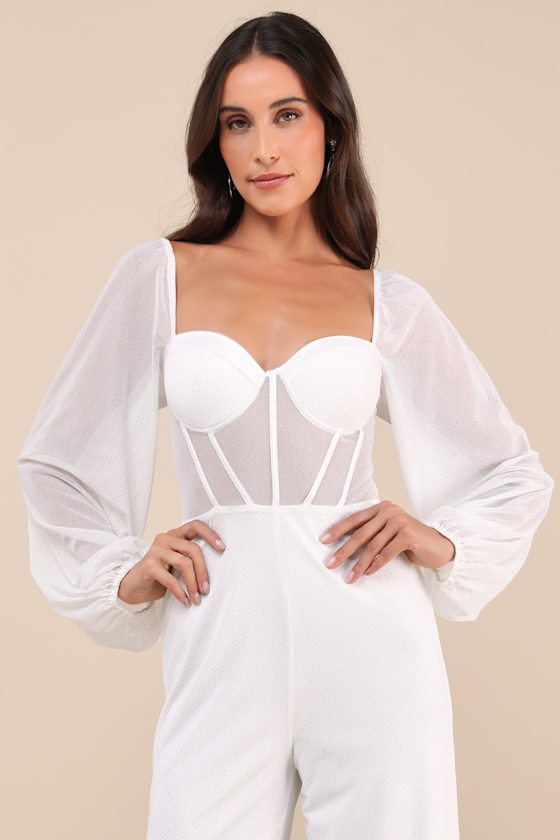 Lulus Magnetic Glamour White Balloon Sleeve Mesh Bustier Jumpsuit In White