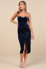 Masterfully Flirty Dark Blue Velvet Bustier Midi Dress 2
