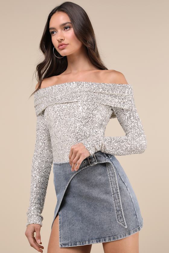Marvelous Dazzle Champagne Sequin Off-the-Shoulder Top 1