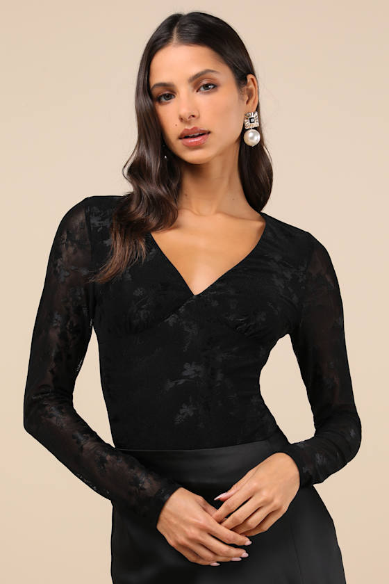 LULUS CHICLY MESMERIZING BLACK MESH BURNOUT LONG SLEEVE BODYSUIT