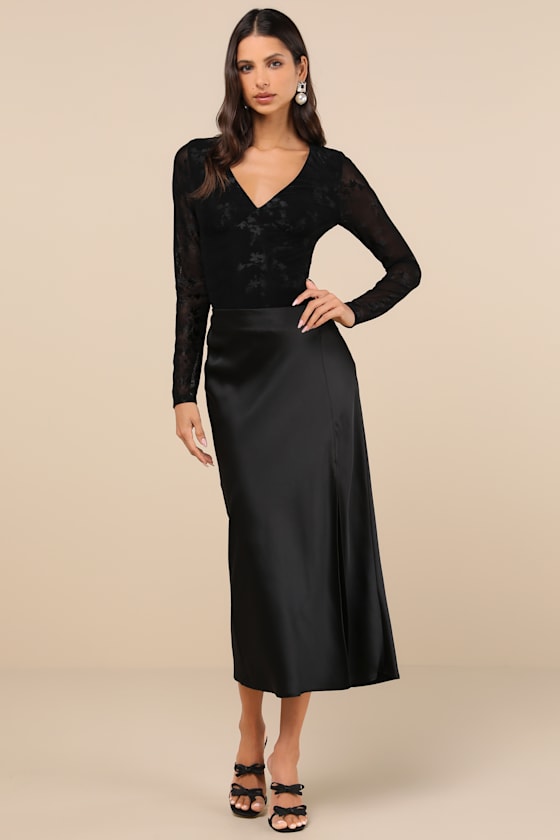 LULUS CHICLY MESMERIZING BLACK MESH BURNOUT LONG SLEEVE BODYSUIT