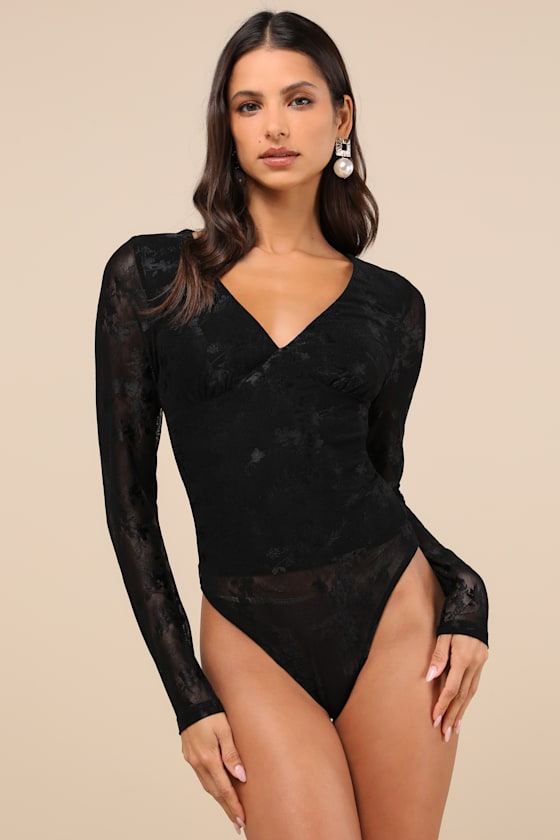 LULUS CHICLY MESMERIZING BLACK MESH BURNOUT LONG SLEEVE BODYSUIT