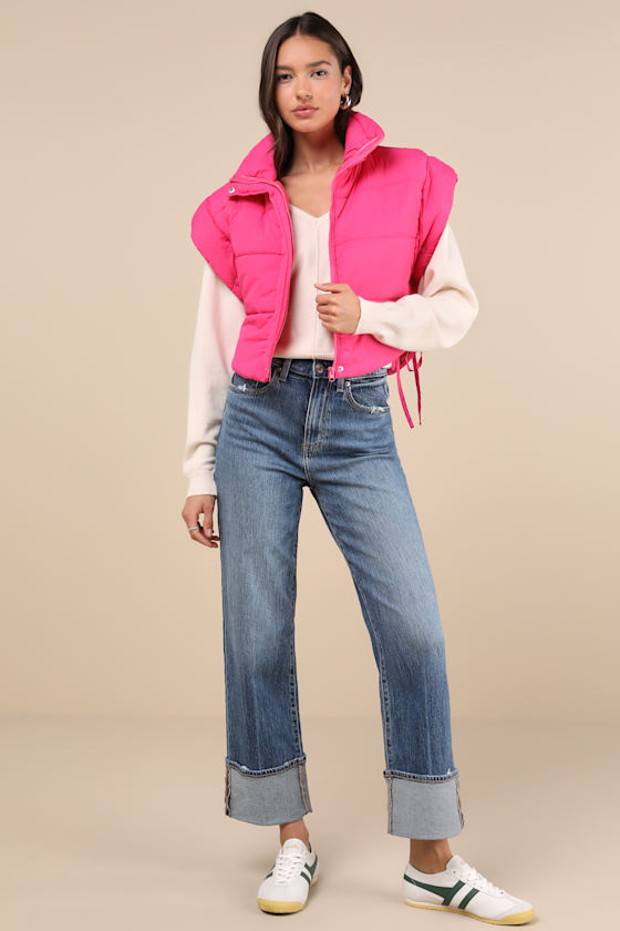 Wintertime Crush Hot Pink Quilted Cropped Side-Tie Puffer Vest 3