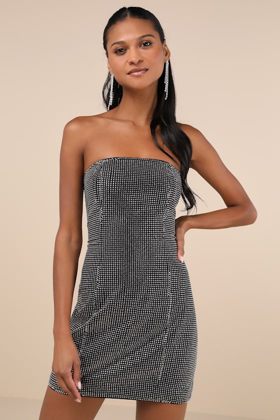 Lulus Enticing Shine Black Rhinestone Strapless Mini Dress In Black