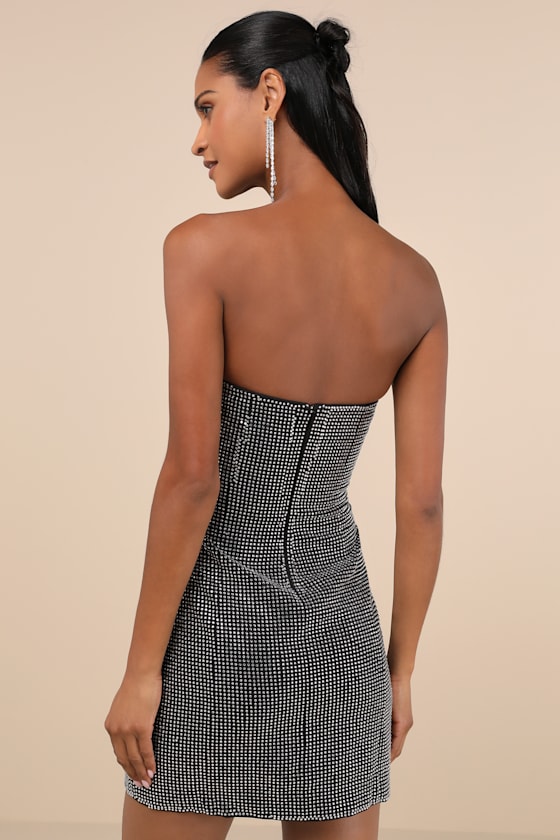 Lulus Enticing Shine Black Rhinestone Strapless Mini Dress In Black
