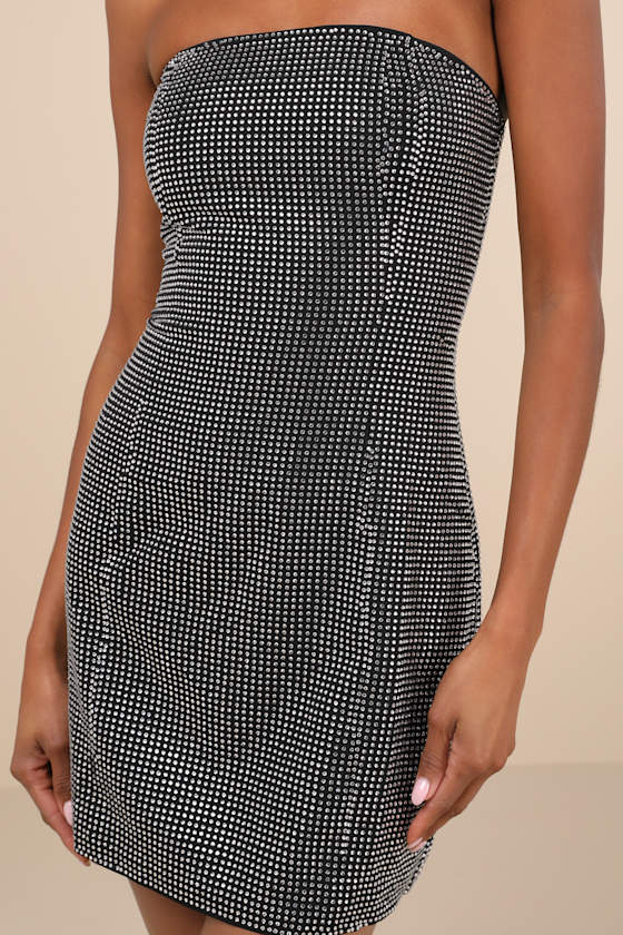 Lulus Enticing Shine Black Rhinestone Strapless Mini Dress In Black