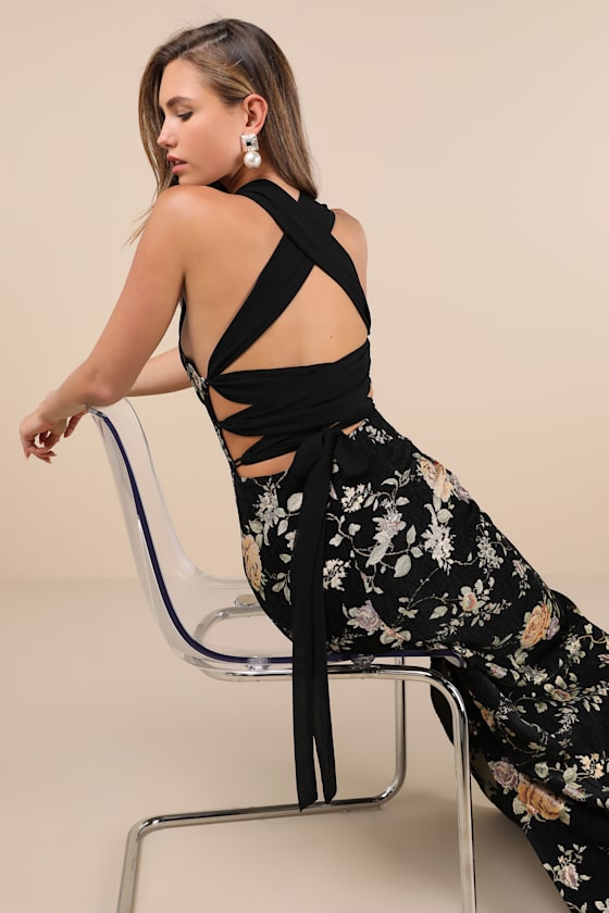 Lulus Pemberley Black Jacquard Lace-up Maxi Dress In Black