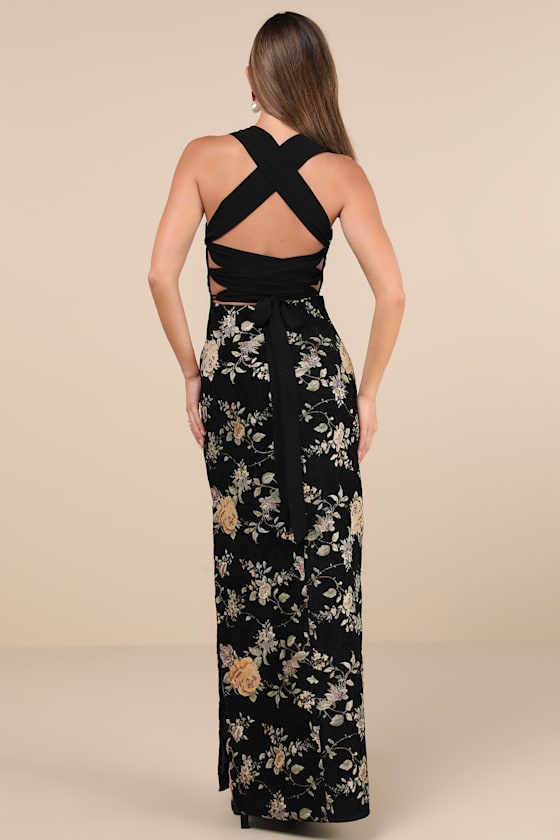 Lulus Pemberley Black Jacquard Lace-up Maxi Dress In Black