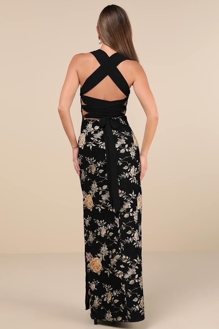 Pemberley Black Jacquard Lace-Up Maxi Dress
