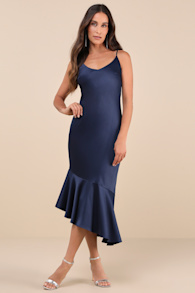 Strictly Romance Navy Satin Asymmetrical Tiered Midi Dress