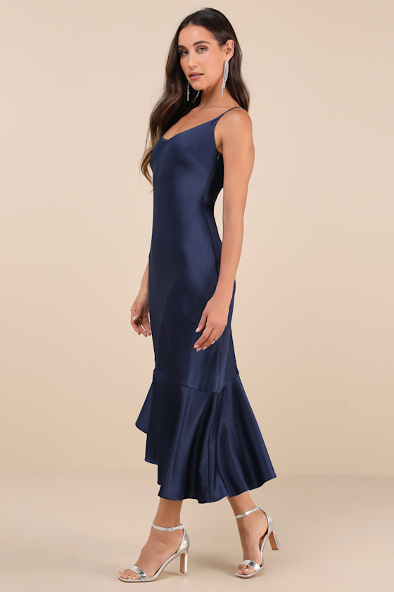 Lulus Strictly Romance Navy Satin Asymmetrical Tiered Midi Dress In Navy