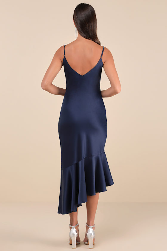 Lulus Strictly Romance Navy Satin Asymmetrical Tiered Midi Dress In Navy