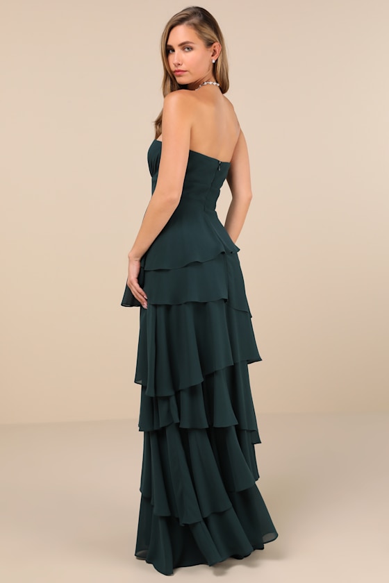 Lulus Gorgeous Essence Emerald Strapless Tiered Maxi Dress In Green