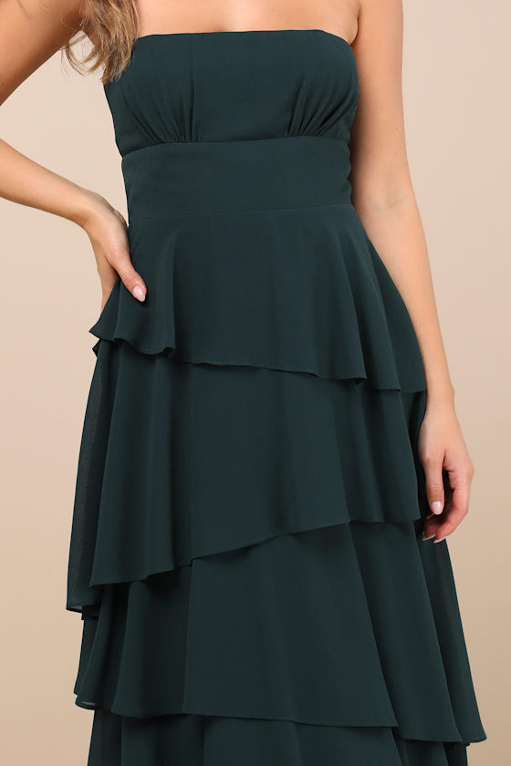 Lulus Gorgeous Essence Emerald Strapless Tiered Maxi Dress In Green