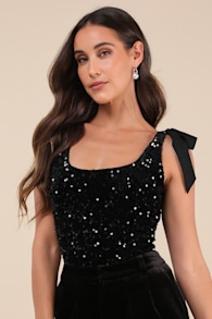 Adept Allure Black Velvet Sequin Tie-Strap Bodysuit 1