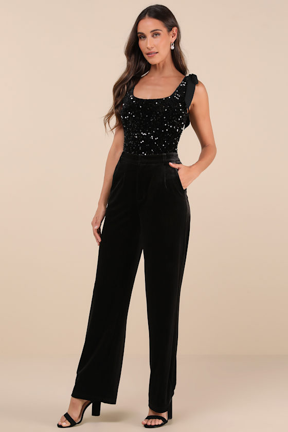 Black Velvet Bodysuit - Tie-Strap Bodysuit - Sequin Bodysuit - Image 2