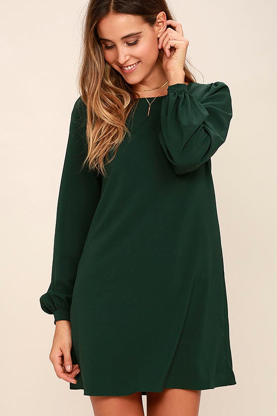 Forest green long sleeve shift dress and shoes