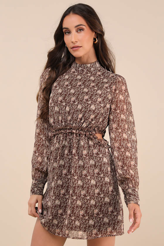 Lulus Autumn Bliss Brown Floral Print Long Sleeve Cutout Mini Dress In Brown