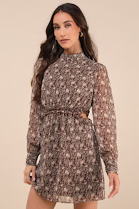 Autumn Bliss Brown Floral Print Long Sleeve Cutout Mini Dress 1