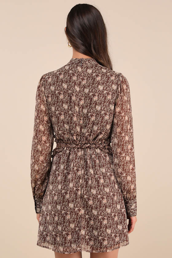 Lulus Autumn Bliss Brown Floral Print Long Sleeve Cutout Mini Dress In Brown
