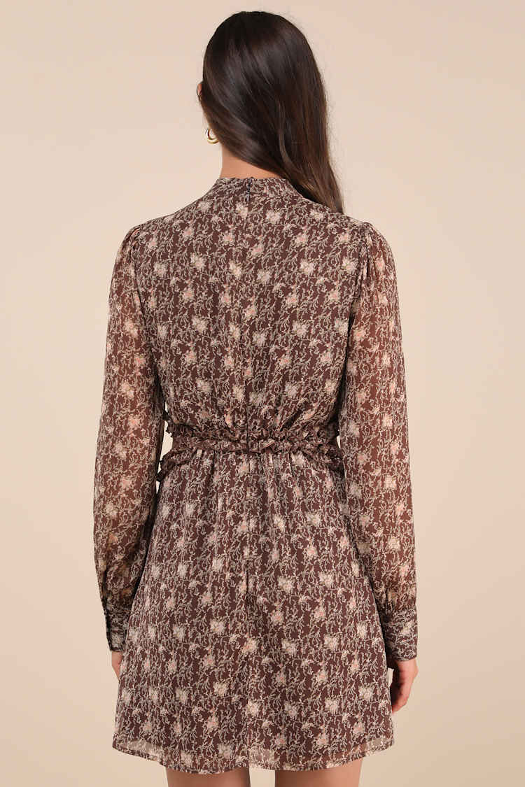 Autumn Bliss Brown Floral Print Long Sleeve Cutout Mini Dress