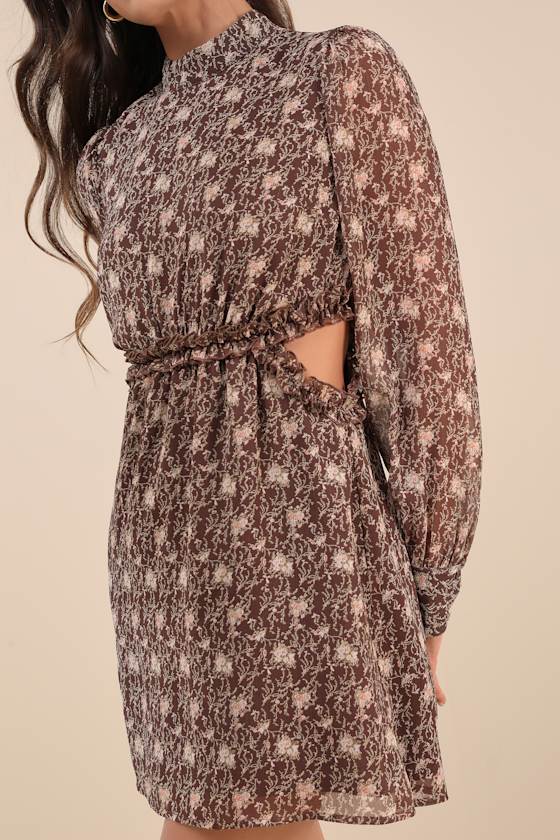 Lulus Autumn Bliss Brown Floral Print Long Sleeve Cutout Mini Dress In Brown