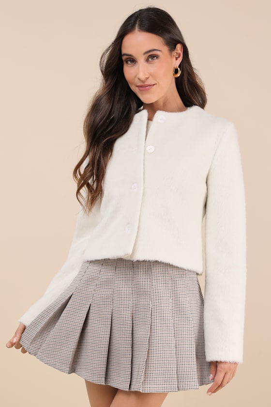 LULUS PERFECTLY TOASTY WHITE FUZZY CROPPED JACKET