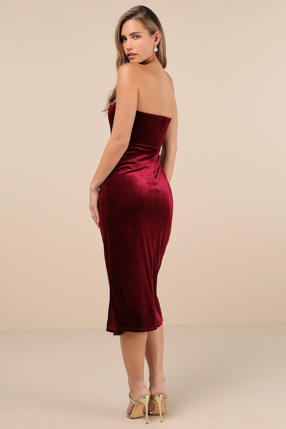 Masterfully Flirty Berry Red Velvet Bustier Midi Dress 2